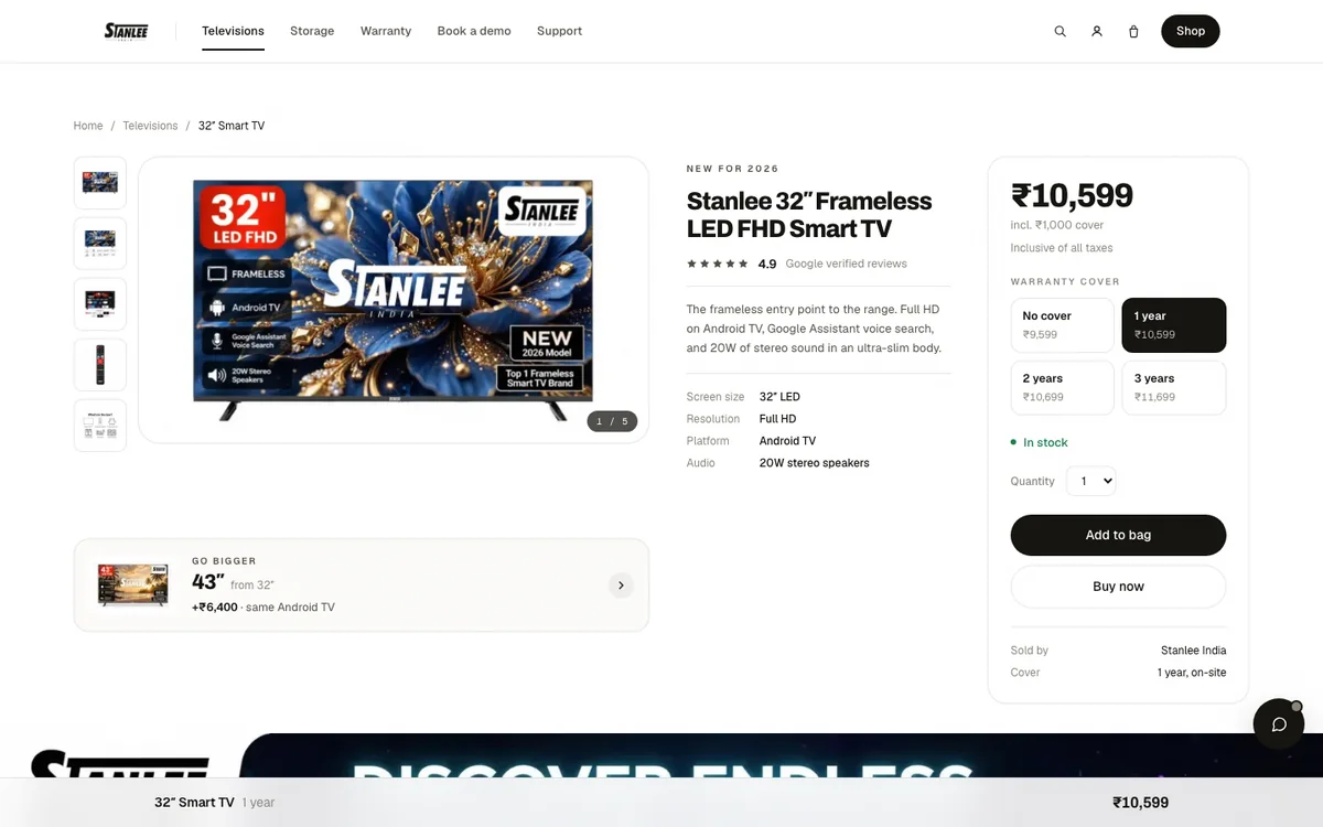 Stanlee India — product page with warranty cover priced at checkout, built by Wevia